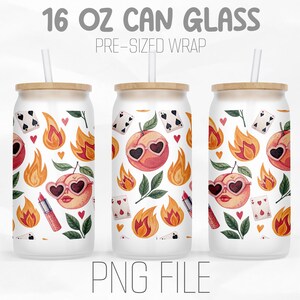 Peachy Flirt Can Wrap Png, coeur lunettes de soleil Png, flammes rouges à lèvres cartes Png, 16 oz Libbey Glass Can Tumbler sublimation numérique Png