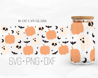 Cute Ghost Can Glass Wrap Svg, Pumpkin Svg, Retro Halloween Svg, Libbey Glass, 16oz Can Wrap, Svg, Png, DXF files for Cricut