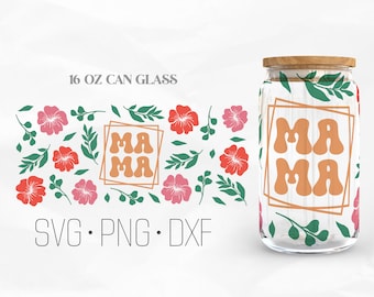 Mama flower Glass Wrap, Wildflower Libbey Glass, 16oz Can Wrap, Svg, Png, DXF files for Cricut