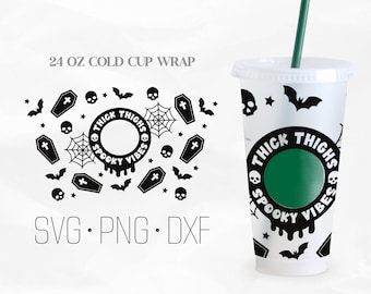 Thick Thighs Spooky Vibes Full Wrap Cup svg, Halloween Svg, Venti Cold Cup 24 Oz, Svg, Png, DXF files for Cricut