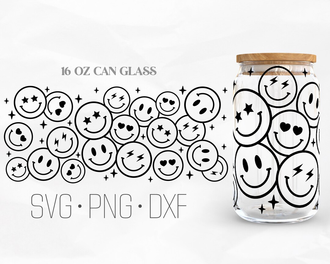 Retro Smiley Face Can Glass Wrap Svg, Trendy, Happy Face Libbey Glass ...