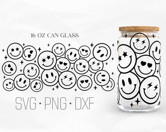 Retro Smiley Face Can Glass Wrap Svg, Trendy, Happy Face Libbey Glass, 16oz Can Wrap, Svg, Png, DXF-bestanden voor Cricut