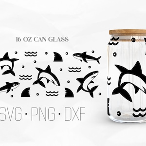 Shark Can Glass Wrap Svg, Ocean fish can glass svg, 16oz Libbey Wrap Svg, Svg, Png, DXF files for Cricut