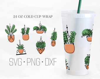 May include: A 24 oz cold cup wrap design featuring a pattern of hanging potted plants with green leaves and orange pots. The design includes the text "SVG. PNG. DXF".