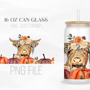 Highland Cow, Autumn Pumpkin, 16oz Libbey Glass Can Tumbler Sublimation Design Digital Png File