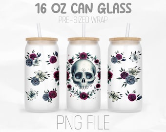 Floral Skull Wrap Png, Skull Png, Flowers Png, Moth PNG, 16oz Libbey Glass Can Tumbler Sublimation Design Digital Png File