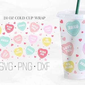 Candy Heart SVG, Valentines Day svg, No Hole Venti Cold Cup 24 Oz, Svg, Png, DXF files for Cricut