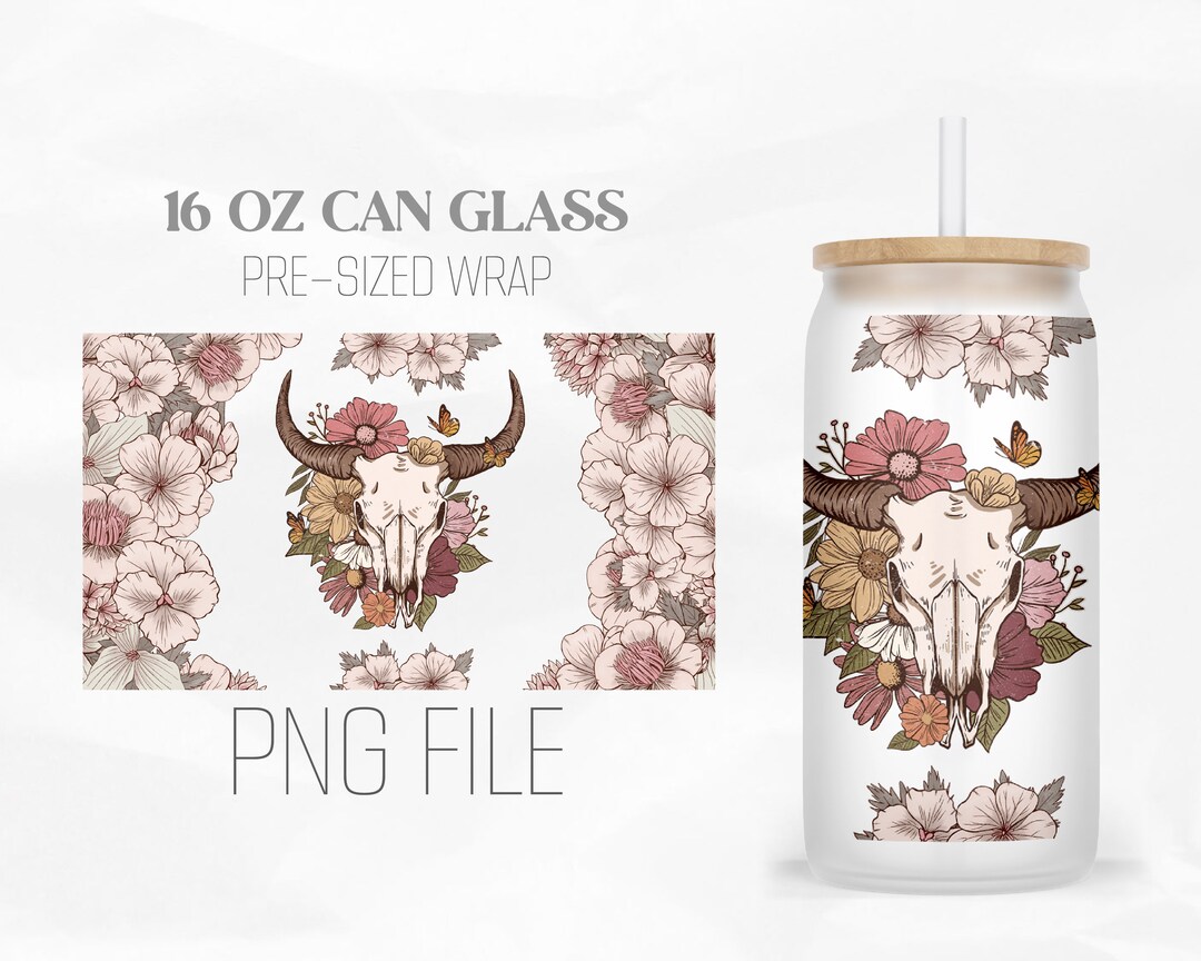 Bull Skull Can Wrap Png, Boho Floral 16oz Libbey Glass Can Tumbler ...