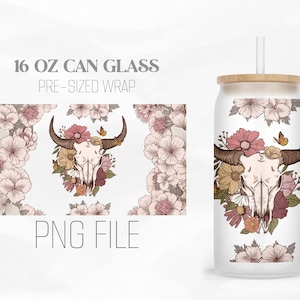 Bull Skull Can Wrap Png, Boho Floral 16oz Libbey Glass Can Tumbler Sublimation Design Digital Png File