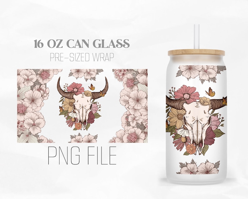 Bull Skull Can Wrap Png, Boho Floral 16oz Libbey Glass Can Tumbler ...