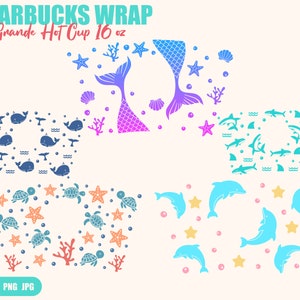 Ocean Animals Full Wrap Bundle, Meerjungfrau, Wal, Delfin, Hai, Meeresschildkröte, Hot Cup 16 Oz, Svg, Png, DXF Dateien für Cricut