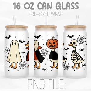 May include: Three 16 oz can glasses with wooden lids and straws. Each glass features a Halloween-themed duck design: a ghost, a vampire, a pumpkin, and a skeleton. The glasses are decorated with bats, spiderwebs, and spiders. The text "16 OZ CAN GLASS" and "PNG FILE" are visible.