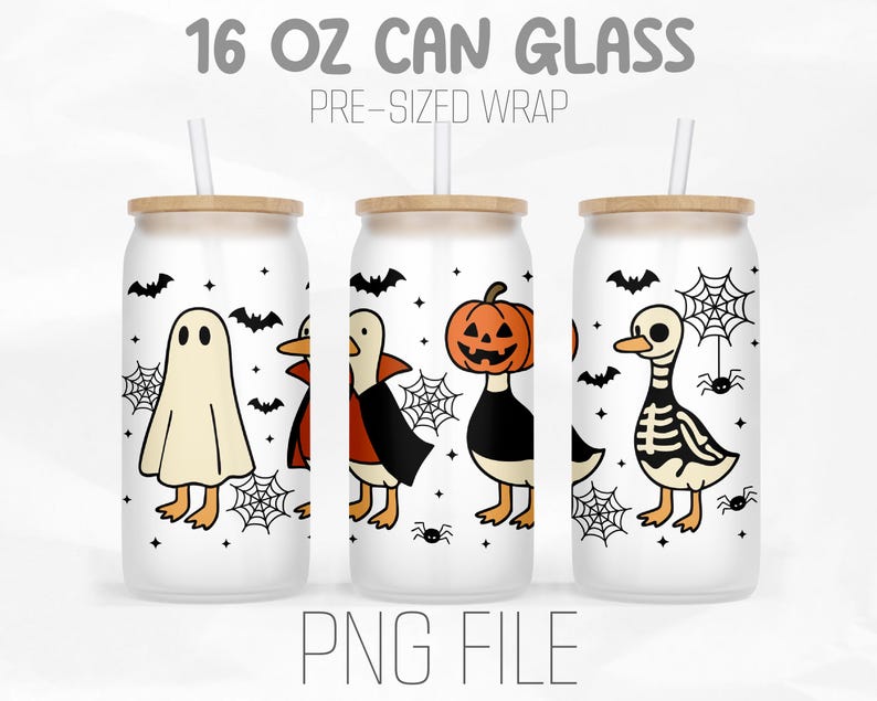 May include: Three 16 oz can glasses with wooden lids and straws. Each glass features a Halloween-themed duck design: a ghost, a vampire, a pumpkin, and a skeleton. The glasses are decorated with bats, spiderwebs, and spiders. The text "16 OZ CAN GLASS" and "PNG FILE" are visible.