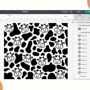 May include: A digital design featuring a black and white cow print pattern with a repeating pattern of cow faces. The design is displayed on a computer screen with a design software interface.