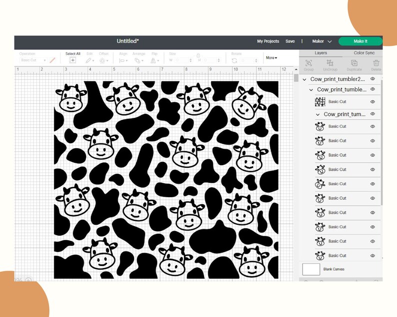 May include: A digital design featuring a black and white cow print pattern with a repeating pattern of cow faces. The design is displayed on a computer screen with a design software interface.