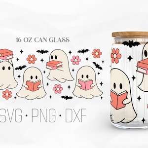 Halloween Book Lover Can Glass Wrap Svg, Ghost reading SVG, Funny Halloween Libbey Glass, 16oz Can Wrap, Svg, Png, pliki DXF dla Cricut