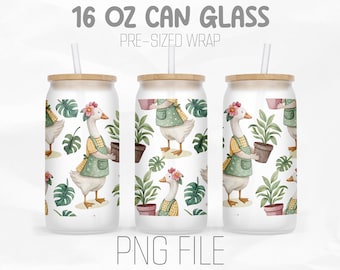 Goose Gardening Can Wrap Png, Boho Floral Png, Goose Humor Png, Plant Lover 16oz Libbey Glass Can Tumbler Sublimation Design Digital Png