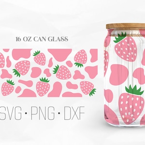 Strawberry Cow Can Glass Wrap Svg, Animal Print Full Libbey Glass svg, 16oz Libbey Wrap Svg, Svg, Png, DXF files for Cricut