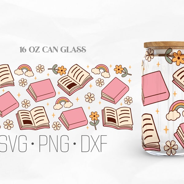 Floral Book Can Glass Wrap Svg, Book with Flowers SVG, Reading Svg, Book Lover Libbey Glass, 16oz Can Wrap, Svg, Png, DXF files for Cricut