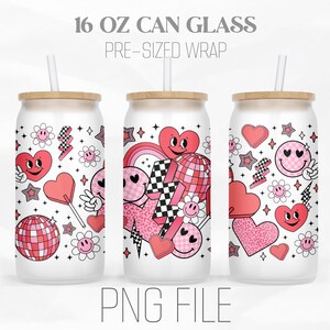 Valentine Groovy Can Wrap Png, Retro Valentine's Day png, Groovy Smile 16oz Libbey Glass Can Tumbler Sublimation Design Digital Png File