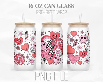 Valentine Groovy Can Wrap Png, Retro Valentine&#39;s Day png, Groovy Smile 16oz Libbey Glass Can Tumbler Sublimation Design Digital Png File