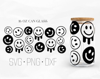 Smiley gezicht kan glas wrap SVG, smiley kan glas SVG, 16oz Libbey wrap SVG, SVG, PNG, DXF-bestanden voor Cricut