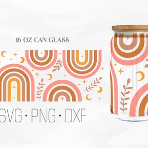 Retro Boho Rainbow Can Glass Wrap Svg, Floral Libbey Glass, 16oz Can Wrap, Svg, Png, DXF files for Cricut