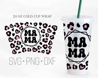 Mama Heart Leopard Full Wrap SVG, Mom Life svg, No Hole Venti Cold Cup 24 Oz, Svg, Png, DXF files for Cricut