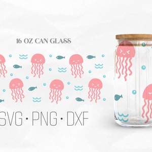 Jellyfish Can Glass Wrap Svg, Ocean can glass svg, 16oz Libbey Wrap Svg, Svg, Png, DXF files for Cricut