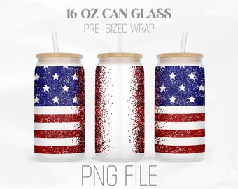 4th of Juli Patriotic Can Wrap Png, amerikanische USA Flagge 16oz Libbey Glass Can Tumbler Sublimation Design Digital Png File