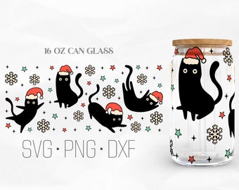 Boże Narodzenie Czarny Kot Puszka Szklana Opakowanie Svg, Zabawny Miłośnik Kotów Svg, Miauczące Boże Narodzenie Libbey Szkło, 16oz Puszka Opakowanie, Svg, Png, Pliki DXF dla Cricut