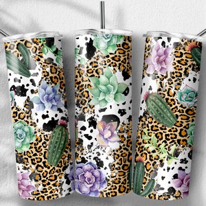 Cowhide Succulent Png, Cactus Leopard Sublimation Designs, Skinny Tumbler 20oz, PNG File Digital Download