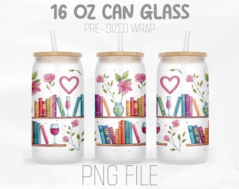 Bookshelf Can Wrap Png, Book lover Png, Bookish Png, Boho Floral png 16oz Libbey Glass Can Tumbler Sublimation Design Digital Png File