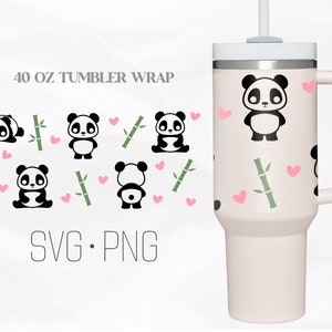 May include: A 40 ounce tumbler wrap design featuring black and white panda bears, green bamboo stalks, and pink hearts. The text "40 OZ TUMBLER WRAP" and "SVG. PNG" are also included in the design.