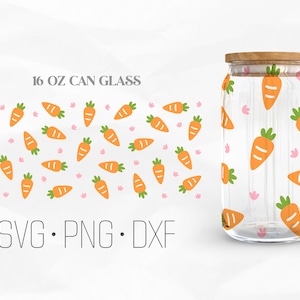 May include: A 16 oz can glass with a carrot and pink flower pattern. The text "SVG. PNG. DXF" is below the glass.
