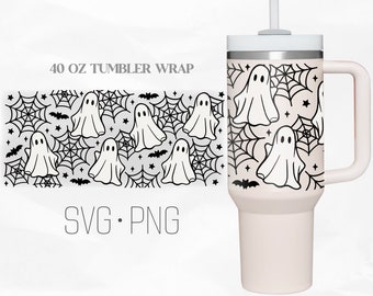Niedliche Geister Tumbler Wrap SVG, Spider Web Halloween svg 40 Oz Quencher Stanley Full Wrap, SVG, Png, Dateien für Cricut