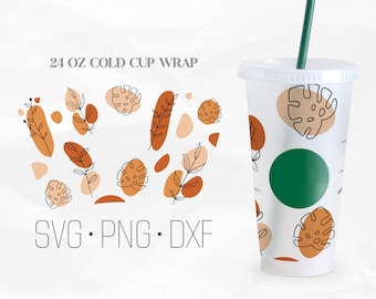 May include: A 24 oz cold cup wrap design featuring a pattern of brown, orange, and white abstract shapes and leaves. The design includes the text "24 OZ COLD CUP WRAP" and "SVG. PNG. DXF".
