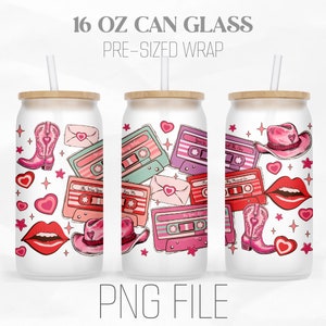 Western Valentine Cassette Can Wrap Png, Cowgirl png, Retro Valentine 16oz Libbey Glass Can Tumbler Sublimation Design Digital Png File