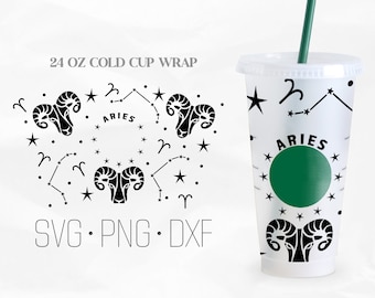 Può includere: Un involucro per bicchiere freddo bianco da 24 once con un design in bianco e nero che presenta il segno zodiacale Ariete. Il design include una testa di ariete, stelle e la parola "ARIES".