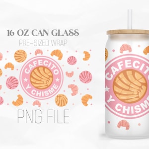 Cafecito Y Chisme Can Glass, Mexican Conchas, 16oz Libbey Glass Can Tumbler Sublimation Design Digital Png File