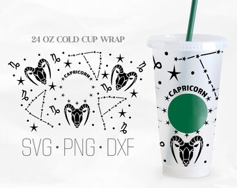 Può includere: Un bicchiere freddo riutilizzabile trasparente da 710 ml con una cannuccia verde. La tazza presenta un design nero del Capricorno con stelle, costellazioni e la parola "Capricorno". Il design è disponibile anche come file SVG, PNG e DXF.