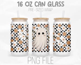 Leuke Ghost Libbey 16oz glasblikje png, herfstmadeliefje Halloween png, herfst bloemenspook png, sublimatieontwerp