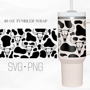 Bull skull Head Tumbler Wrap Svg, Western Cow Print svg 40 Oz Quencher Stanley Full Wrap, Svg, Png, DXF files for Cricut