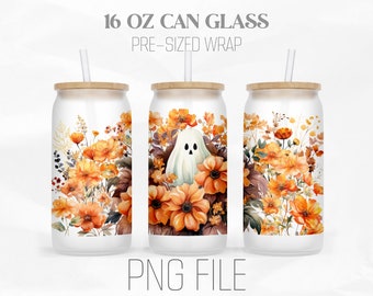 Spooky Ghost Can Wrap Png, Autumn png, Ghouls Halloween png,  Fall leaves 16oz Libbey Glass Can Tumbler Sublimation Design Digital Png File