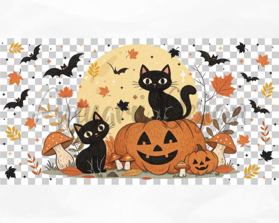 ハロウィンの黒猫Libbey 16オンスガラス缶ラップPNG、不気味なカボチャ