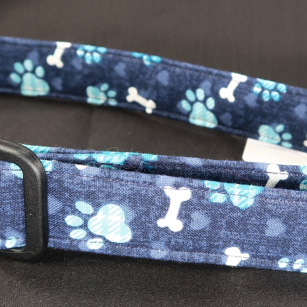 Blue with Plaid Paw Prints and Bones Dog Collar