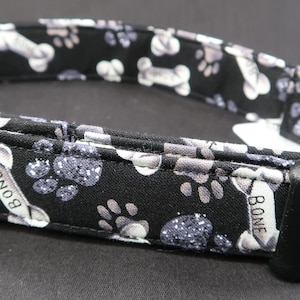 Bones and Paw Prints on Black Dog Collar