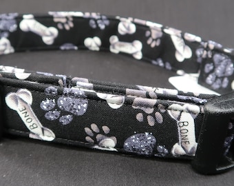 Bones and Paw Prints on Black Dog Collar