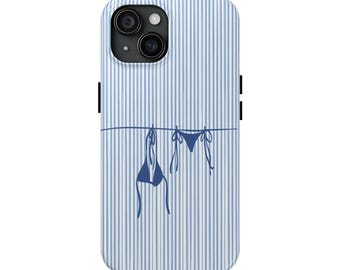 Bonita funda para teléfono con bikini de rayas azules, ideal para el verano, ideal para amantes de la playa, accesorio de viaje, protección duradera, divertida y divertida.