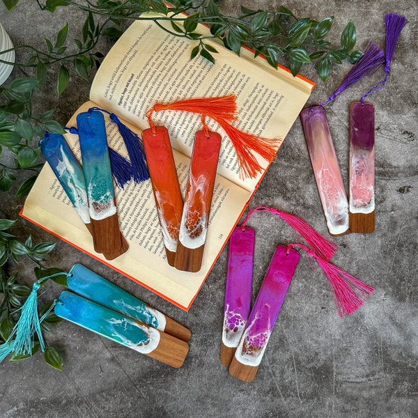 Resin bookmark, aesthetic wood bookmark with tassel, mentor gift, book lover gift,  bookworm resin ocean art.